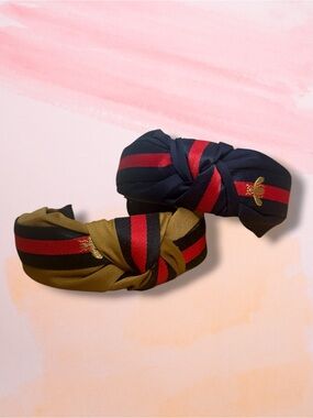 1 Headband w Bee and Stripes - Navy & Olive with Red Accent